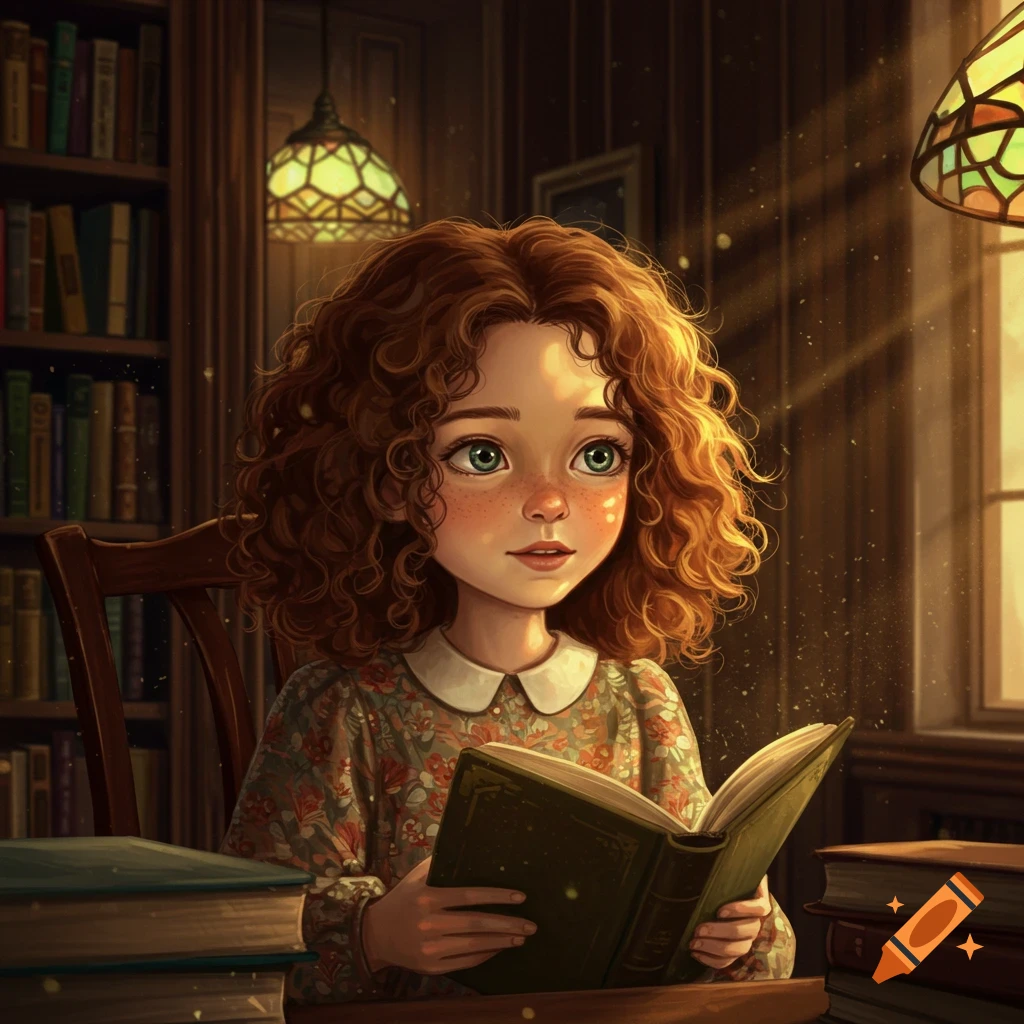 A young girl with curly red hair and freckles reads a book in a sunlit library, in an illustrated style.