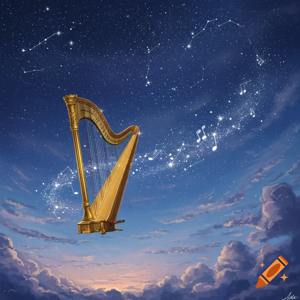A golden harp floats amidst a starry celestial sky with constellations, musical notes, and fluffy clouds below.
