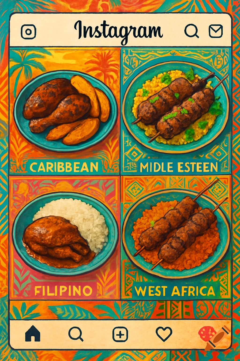 A stylized Instagram interface displaying four quadrants of different ready-made meals: Caribbean, Mideastern, Filipino, and West African dishes, with a colorful patterned background.