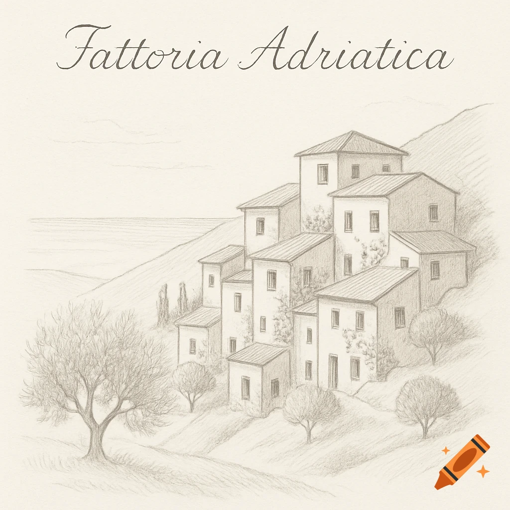 Pencil sketch of an Italian village with terraced cottages on a hill overlooking the sea, labeled 'Fattoria Adriatica'.