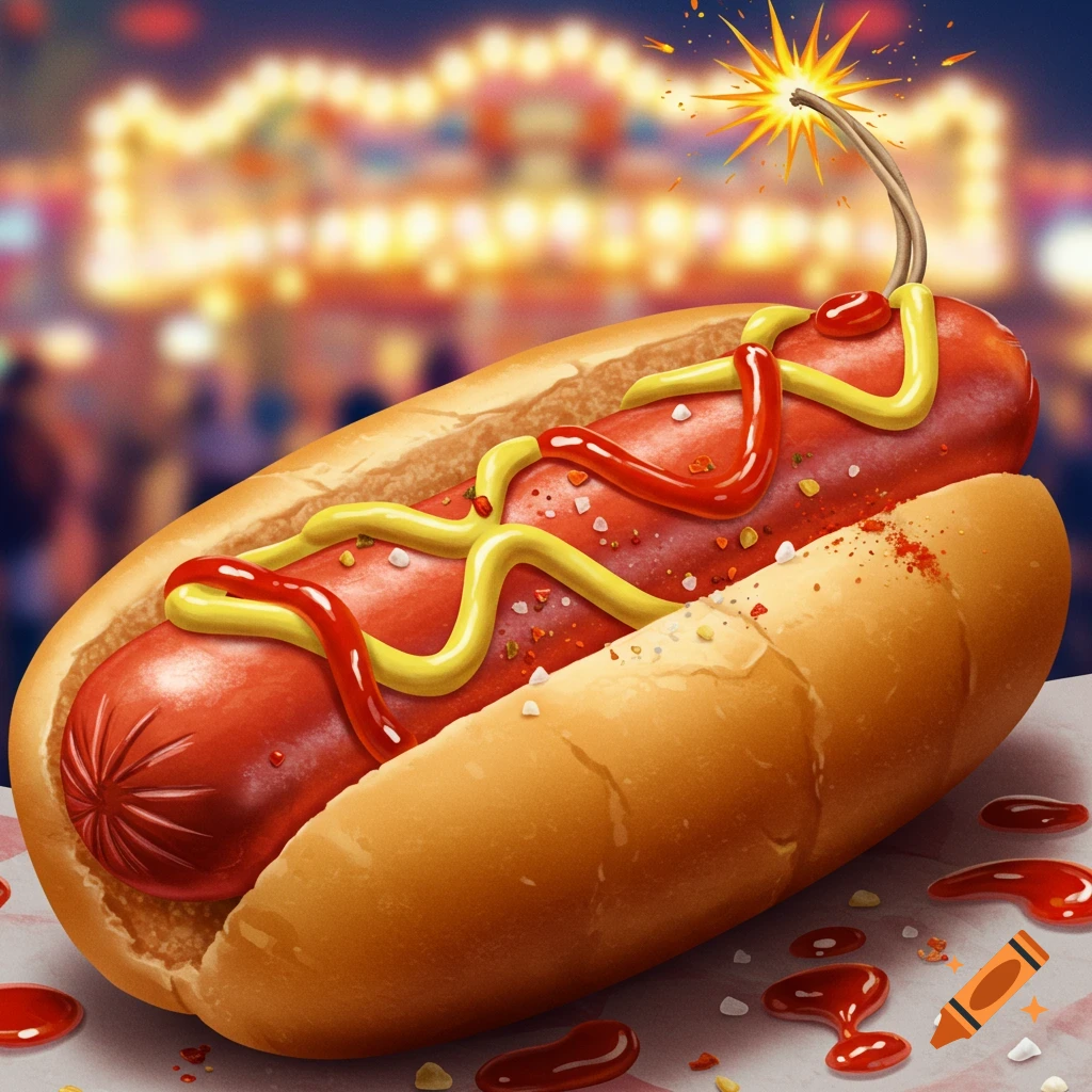 A stylized hotdog with a dynamite stick instead of a sausage, topped with ketchup, mustard, and spices, exploding with a spark against a blurred carnival background.