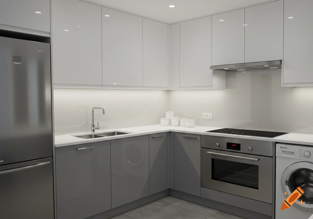 A modern, high-gloss kitchen with white upper cabinets and grey lower cabinets, stainless steel appliances including a fridge, oven, and washing machine.