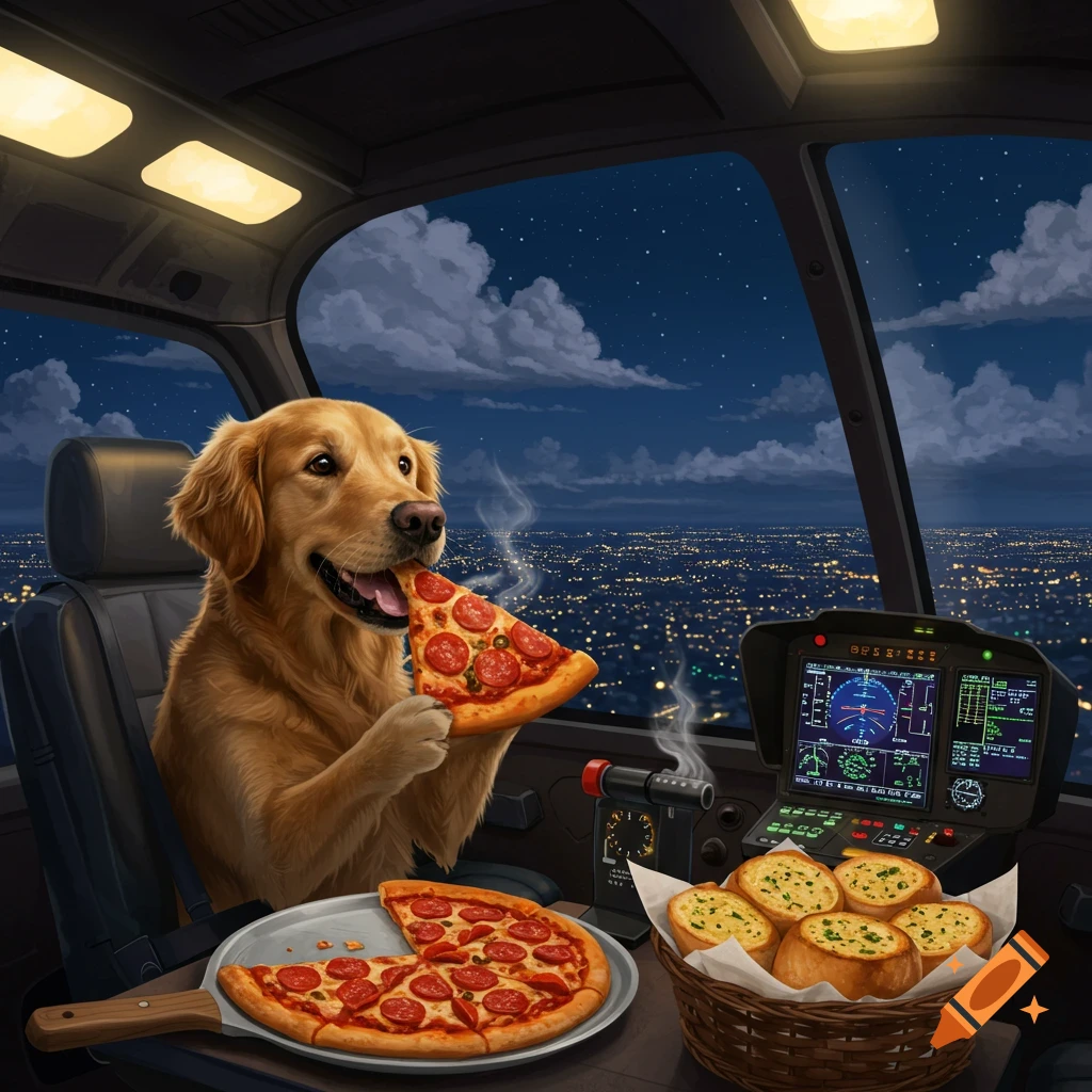 A happy golden retriever sits in a helicopter cockpit, eating a slice of pizza as a city lights up the night sky below. Another pizza and garlic bread sit on a table.