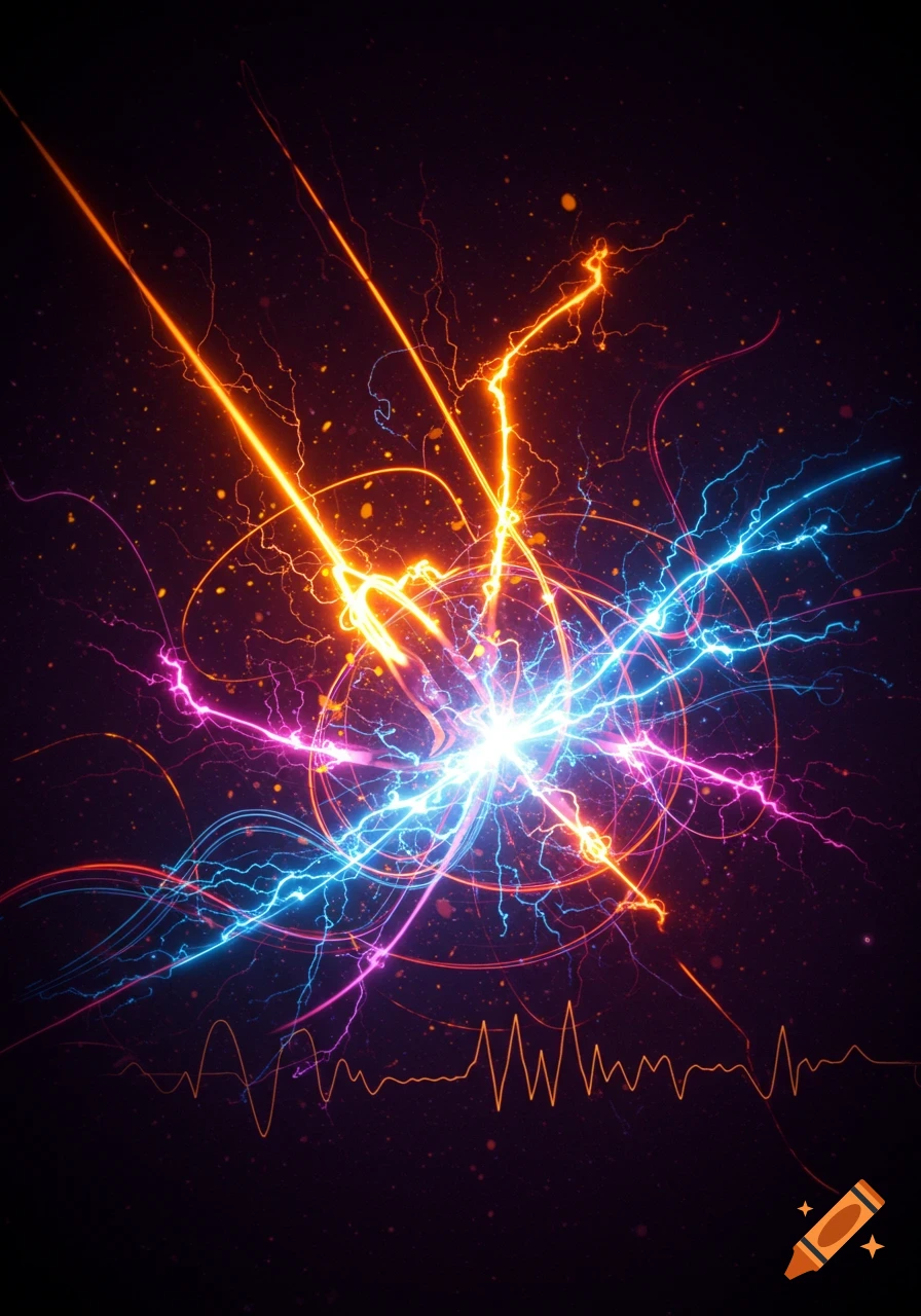 Vibrant abstract image of radiating orange, blue, and pink electrical charges bursting in a dark space, with a waveform at the bottom.