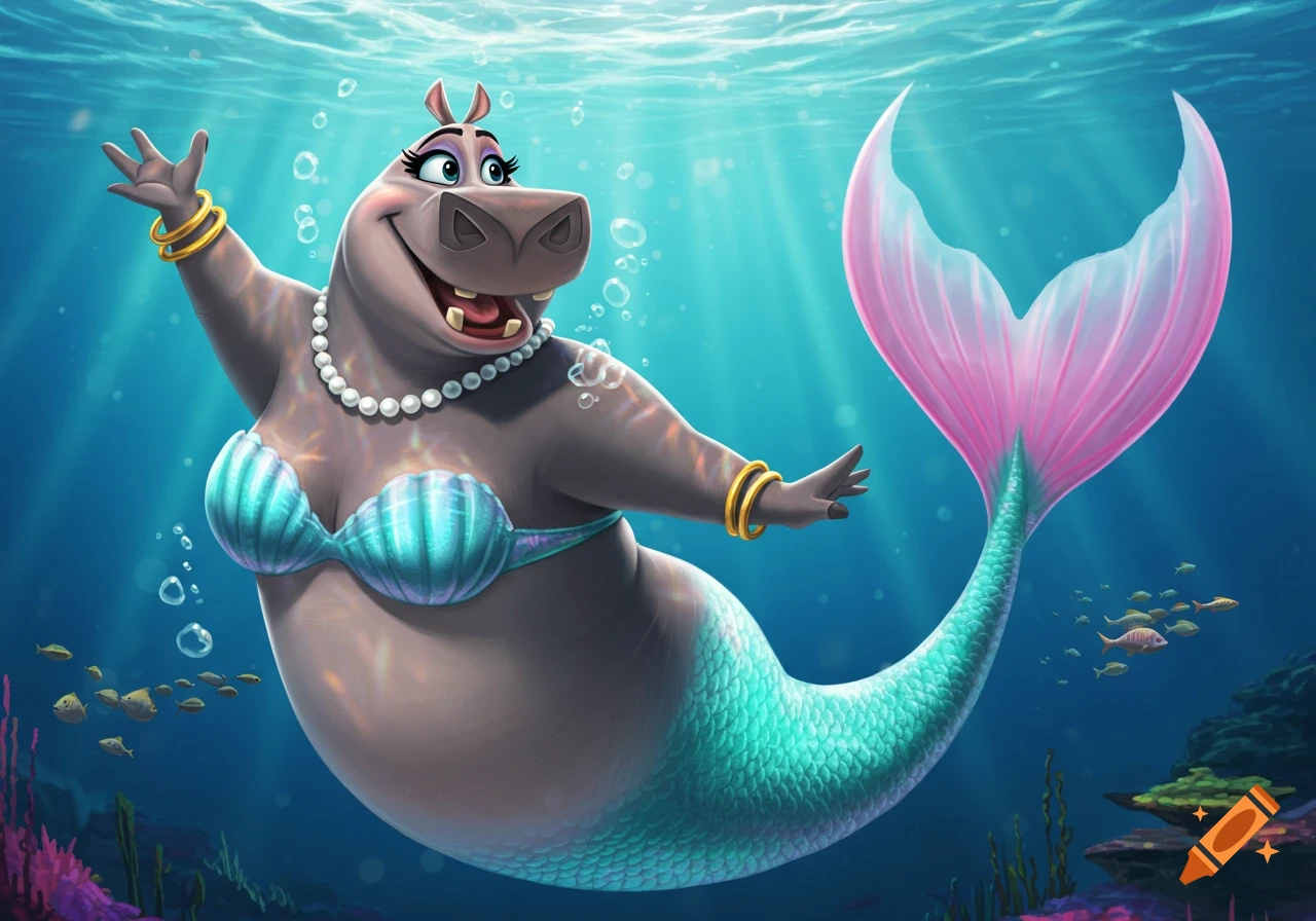 Cartoon hippo Gloria as a mermaid, smiling and swimming underwater, wearing a seashell bikini top and pearl necklace.