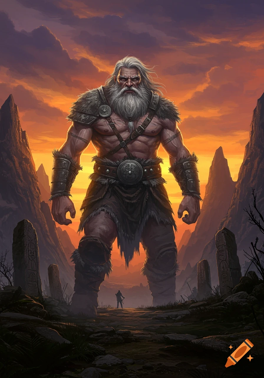 A massive, muscular old barbarian with a long white beard stands powerfully between two mountains at sunset, dwarfing a small figure below.