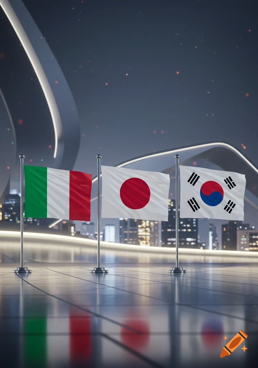 The flags of Italy, Japan, and South Korea displayed on poles on a reflective surface against a modern city skyline at night.