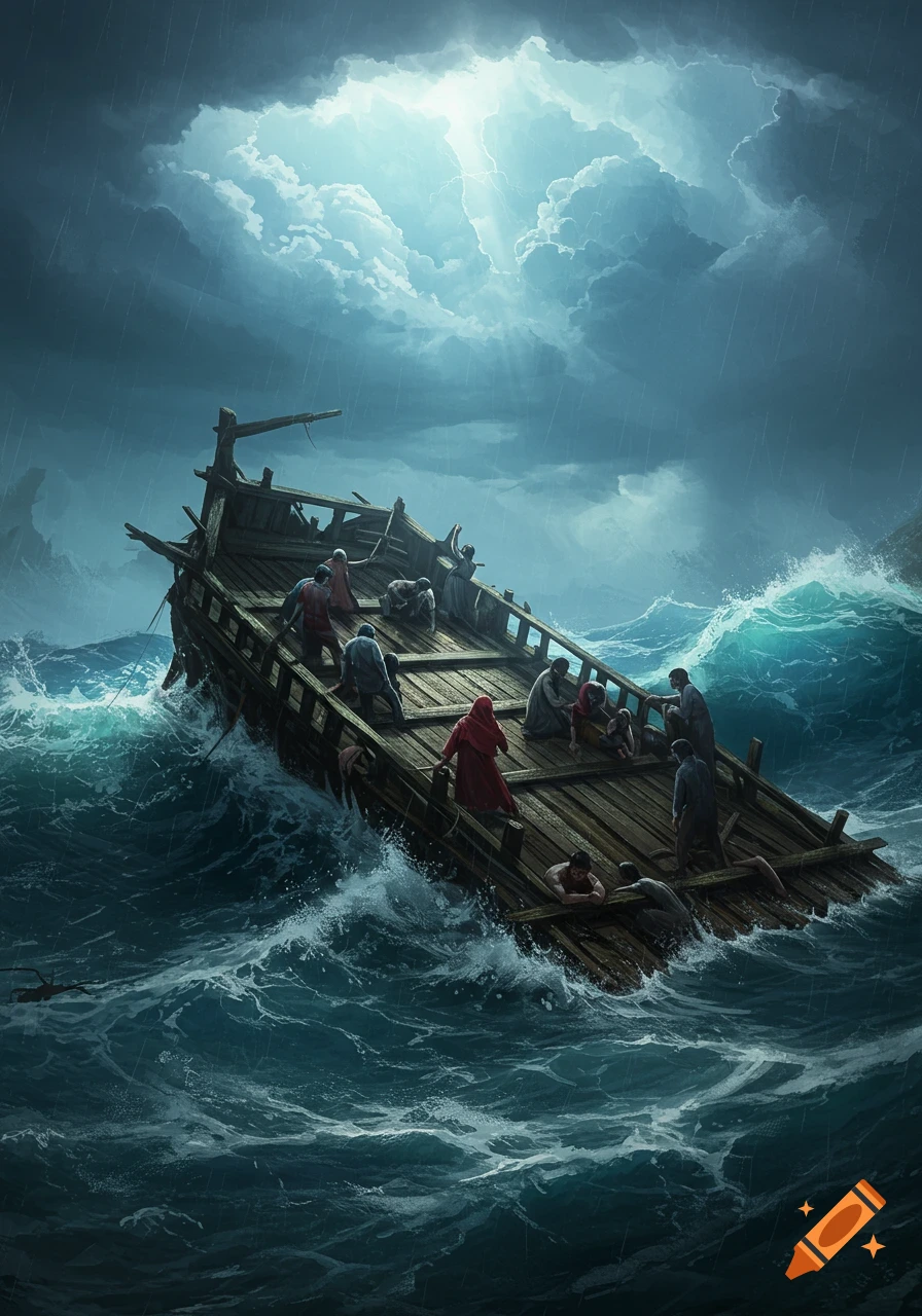 A distressed wooden raft filled with people battles towering waves and heavy rain under a stormy sky with a bright opening.