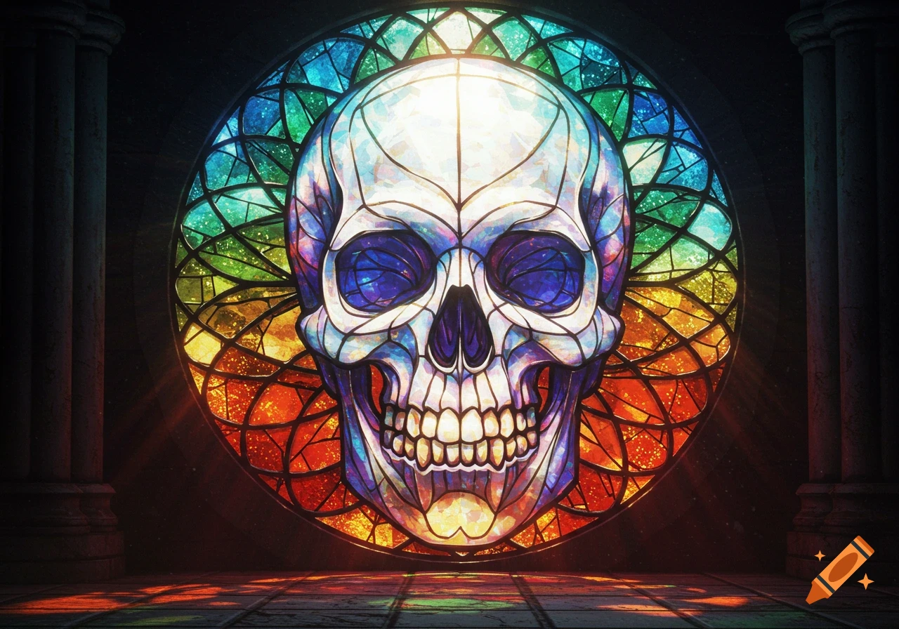 A vibrant stained glass window depicting a stylized skull with bright colors, framed by dark columns, casting colorful light on the floor.