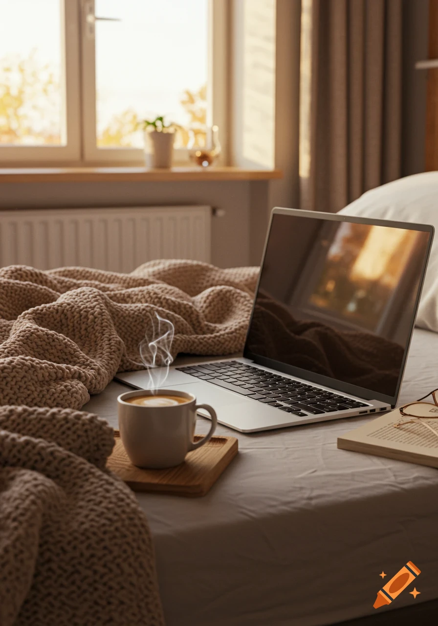 A laptop, steaming coffee, and knitted blankets on a bed in a sunlit bedroom.