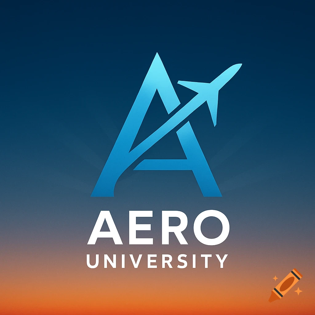 A blue letter A logo with an airplane flying through it, above the words "AERO UNIVERSITY". The background is a blue to orange gradient.