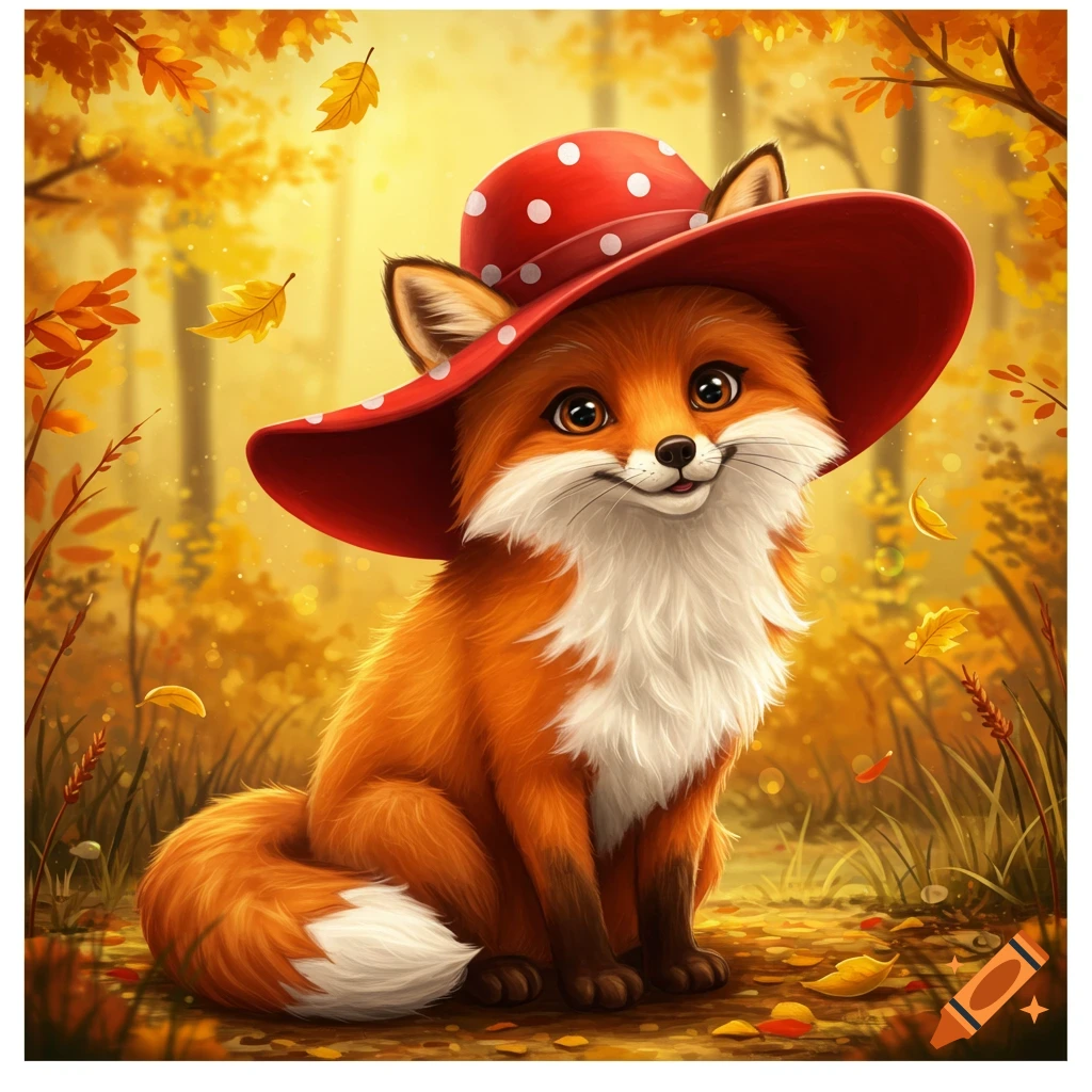 A cute, fluffy fox in a red polka-dotted hat sits smiling in an autumn forest with yellow and orange leaves.