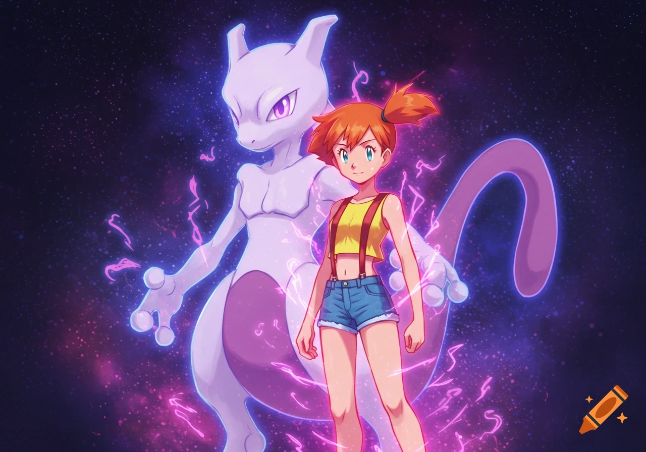 Misty and Mewtwo stand together against a purple starry background with glowing pink energy.