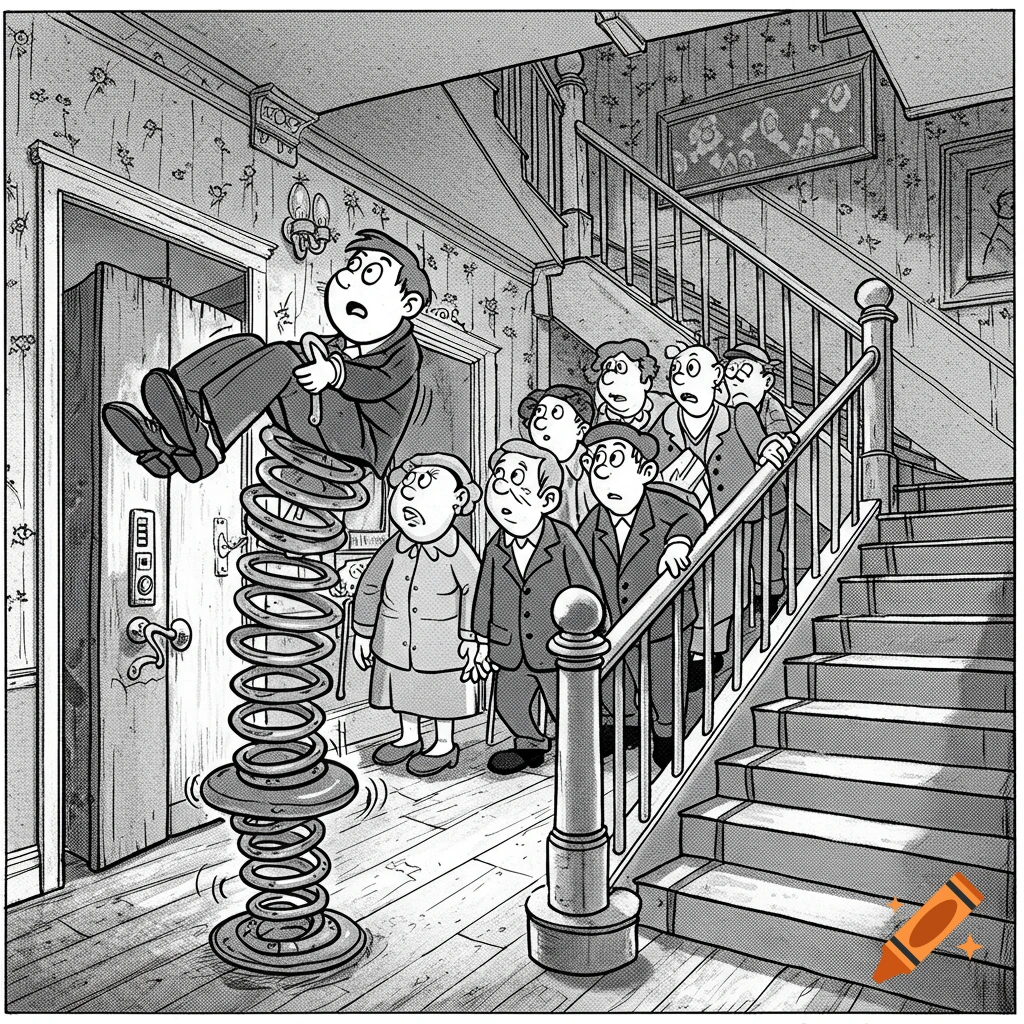 Black and white cartoon of a man on a giant spring, ascending floors in a building while a queue waits behind him; the elevator is broken.