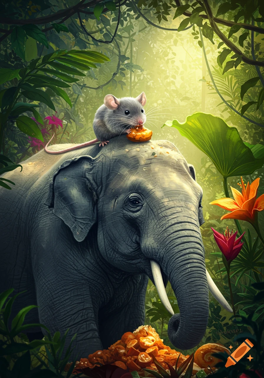 A small mouse sits on an elephant's head, eating a piece of fruit, in a lush, sunlit jungle.