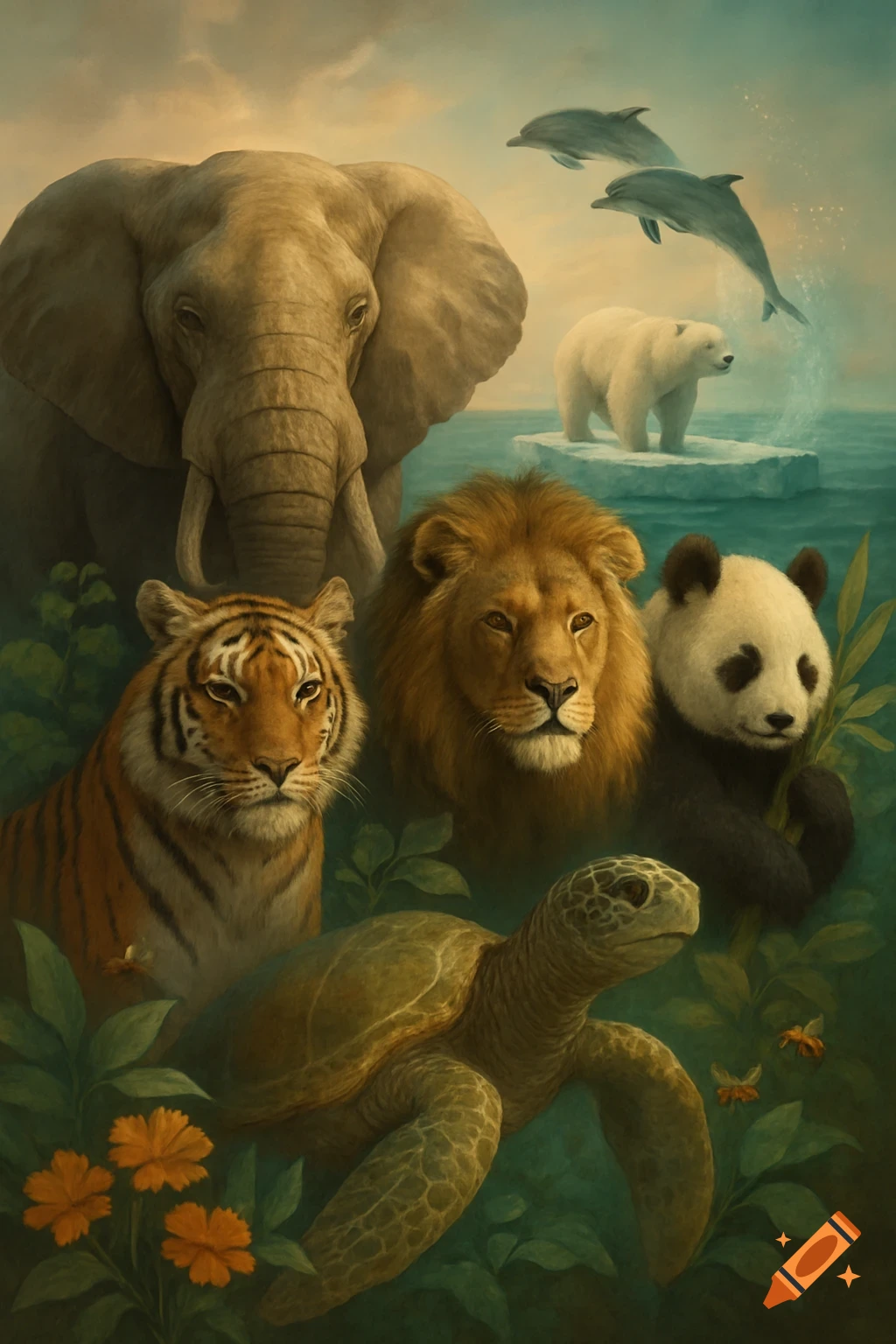 Painted collage of diverse wildlife: an elephant, tiger, lion, panda, sea turtle, polar bear, and dolphins.
