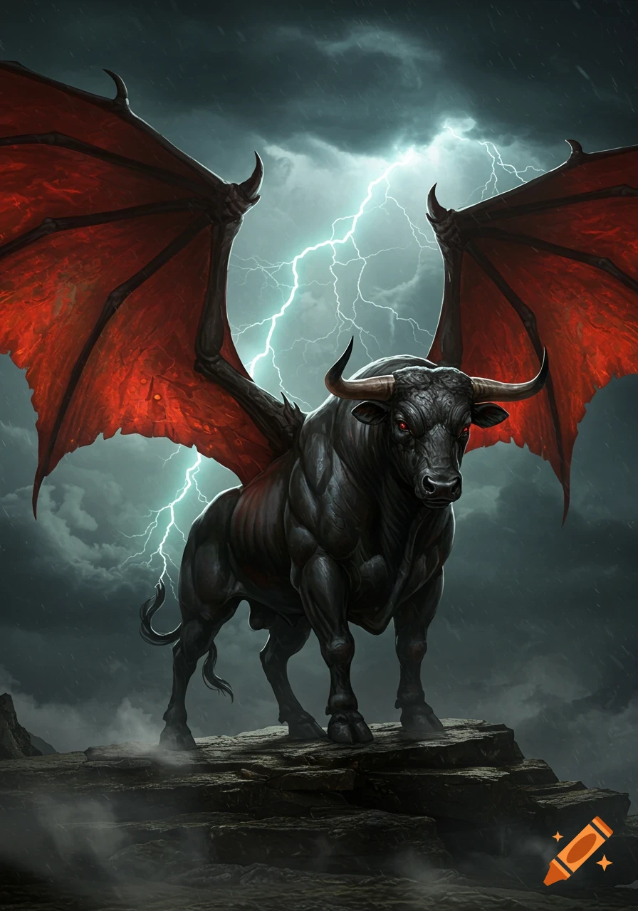A muscular black bull with large red dragon wings and glowing red eyes stands on a rocky peak under a stormy sky with lightning in a dark fantasy style.