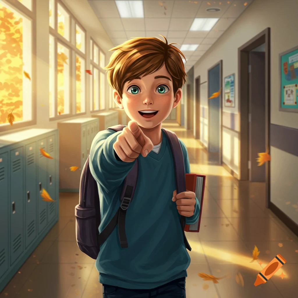 A smiling boy with a backpack and a book points forward in a sunny school hallway with falling autumn leaves, in an illustration style.