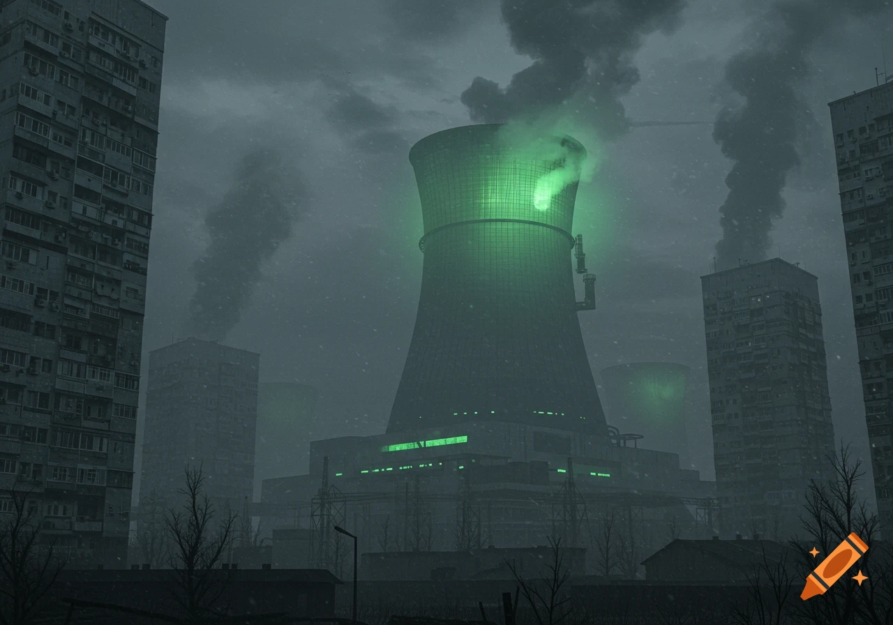 A large glowing green nuclear reactor emits smoke, surrounded by tall, dilapidated gray apartment buildings under a dark, snowy sky.