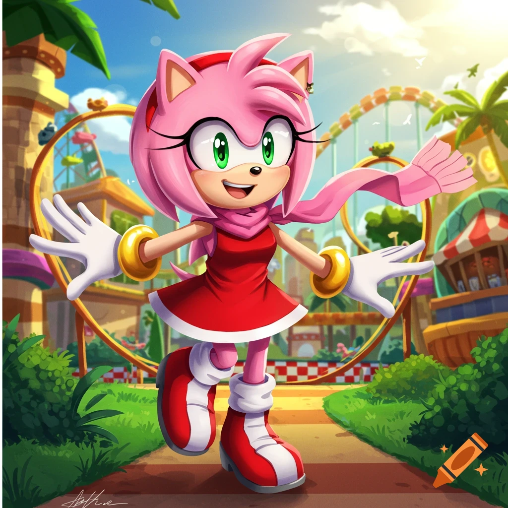 Amy Rose, a pink hedgehog in a red dress, runs and waves in a vibrant, sunny amusement park with a heart-shaped rollercoaster.