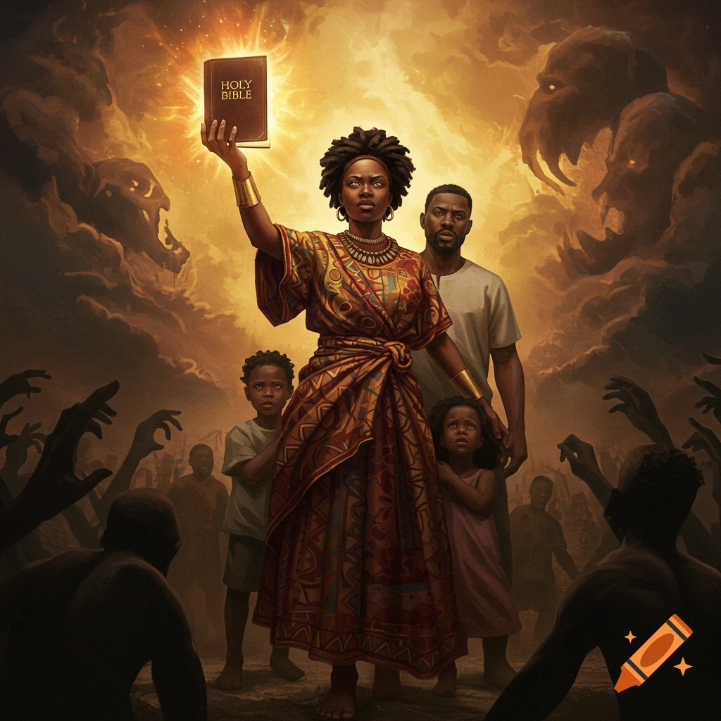 A Black woman in a patterned dress holds a glowing Bible, protecting her husband and two children from shadowy monsters in a dramatic, golden-hued scene.