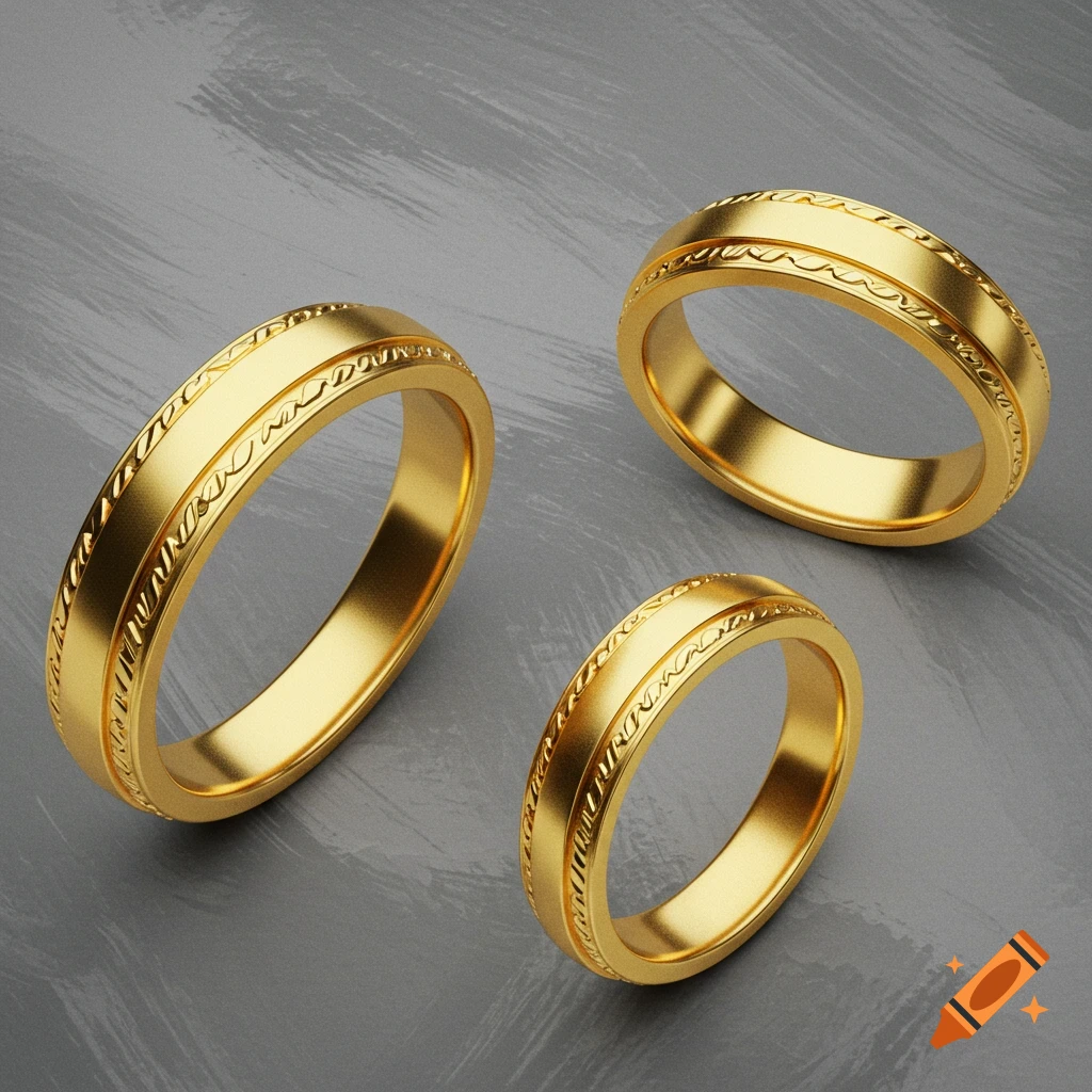 Three golden rings with decorative bands on a textured grey background.