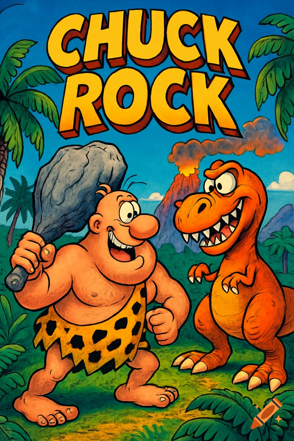 Vibrant 90s cartoon style poster of a cheerful caveman with a club facing a goofy T-Rex in a lush jungle with a volcano. Text: CHUCK ROCK.