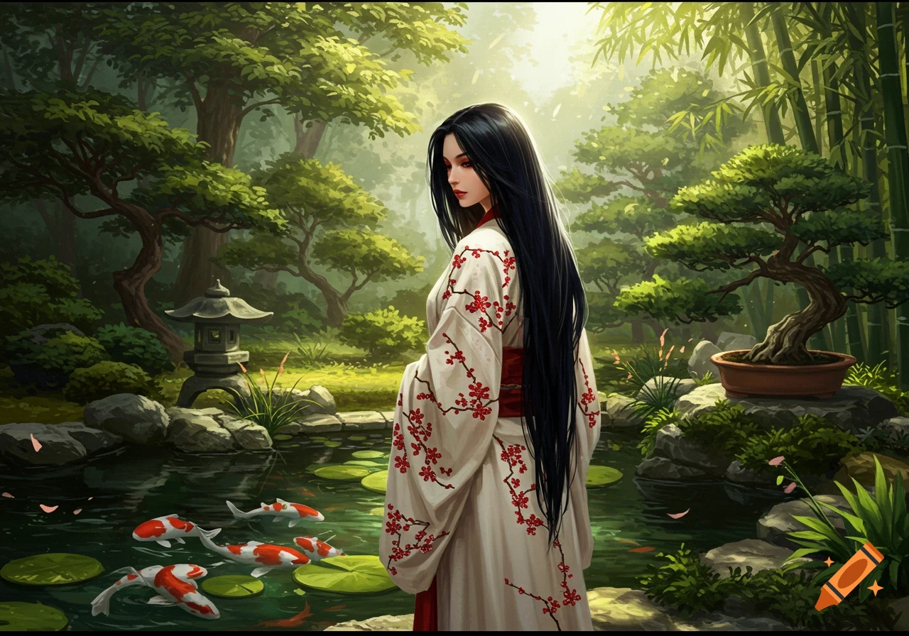 A woman in a white kimono with red flowers stands in a serene Japanese garden with a pond and koi fish, art style.