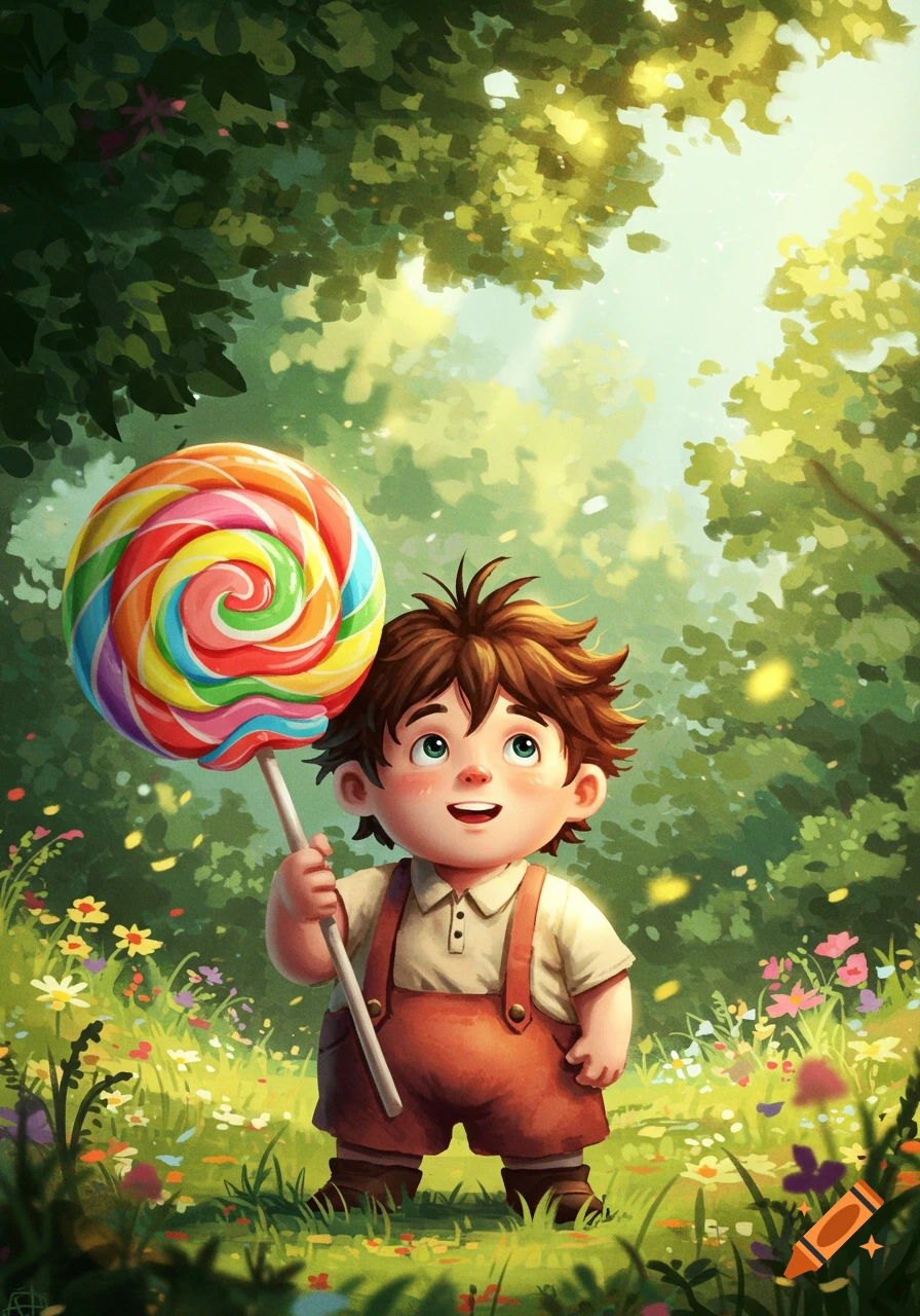 A whimsical illustration of a short boy with brown hair holding a giant rainbow lollipop in a sunny, flower-filled forest.