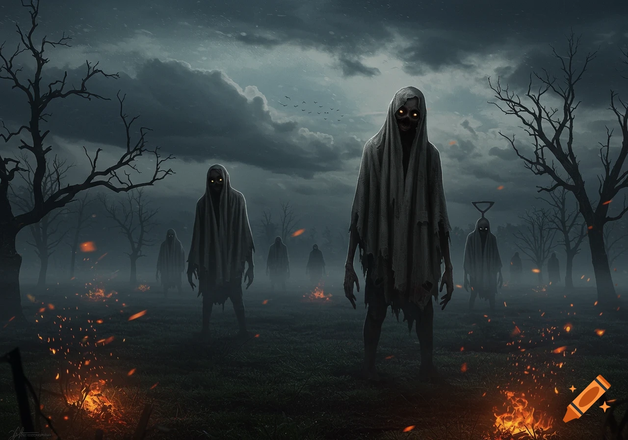 Dark, misty landscape with multiple robed, glowing-eyed figures and ground fires under a stormy sky.