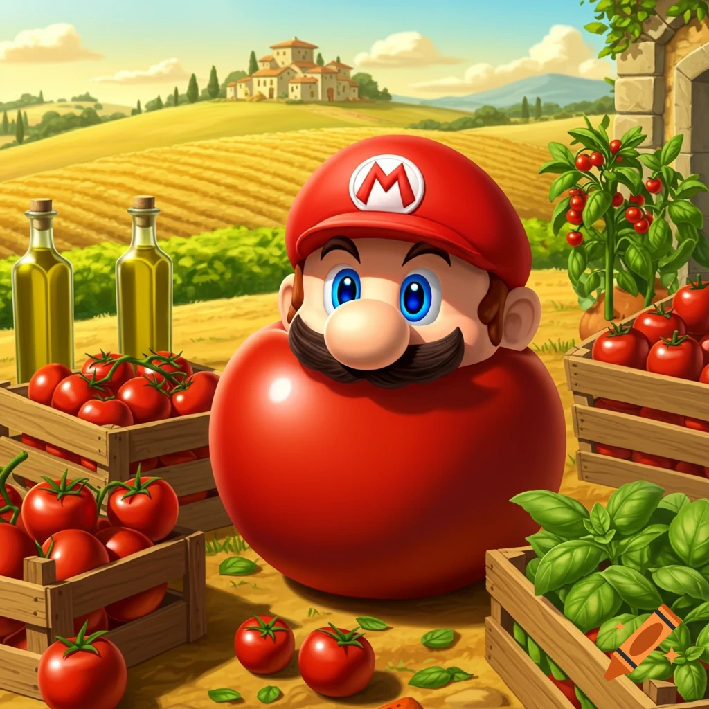 Mario's head on a large tomato body stands in a vibrant Italian farm field with crates of tomatoes, basil, and olive oil bottles.