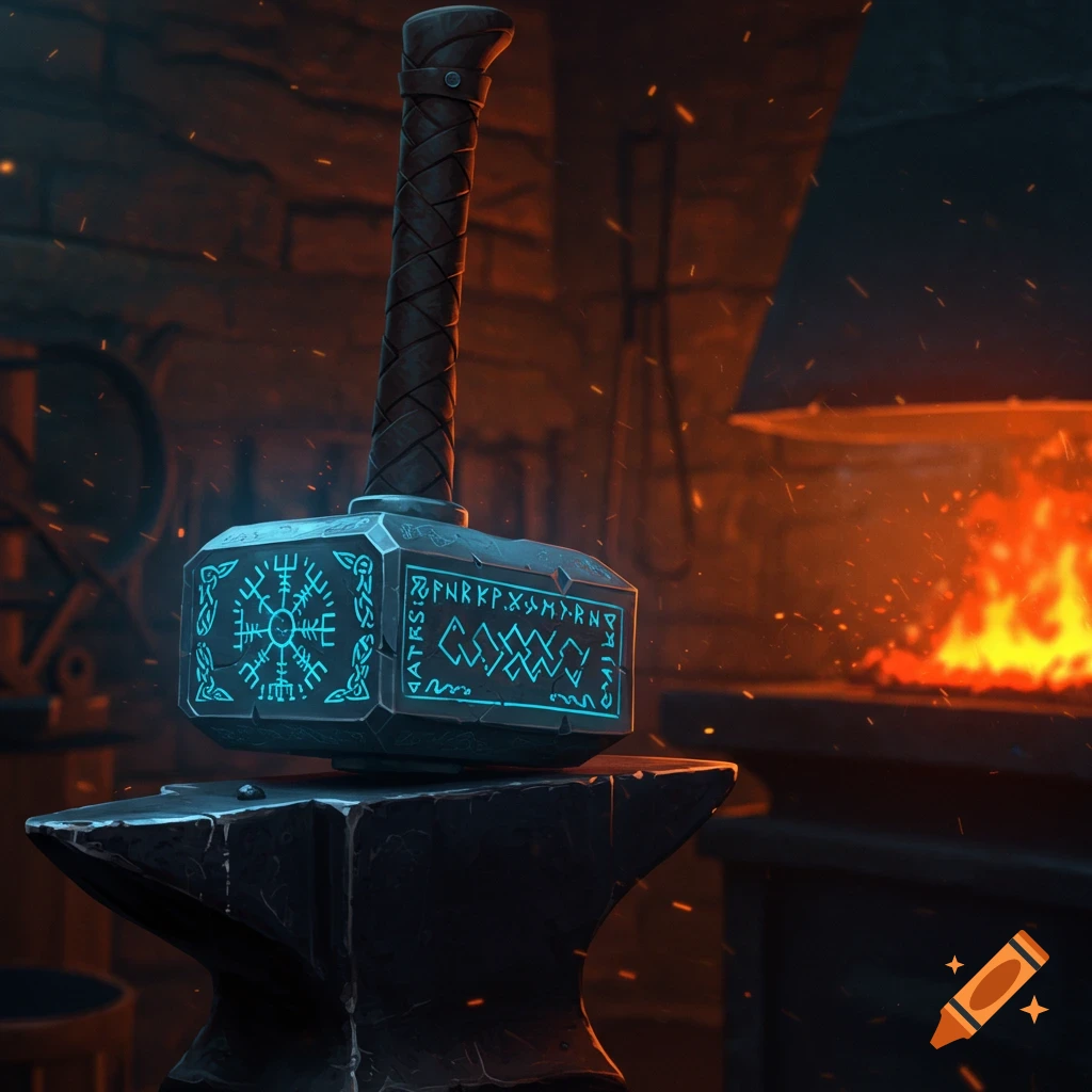 An ornate blacksmith's hammer with glowing blue Nordic glyphs rests on an anvil in a fiery forge.