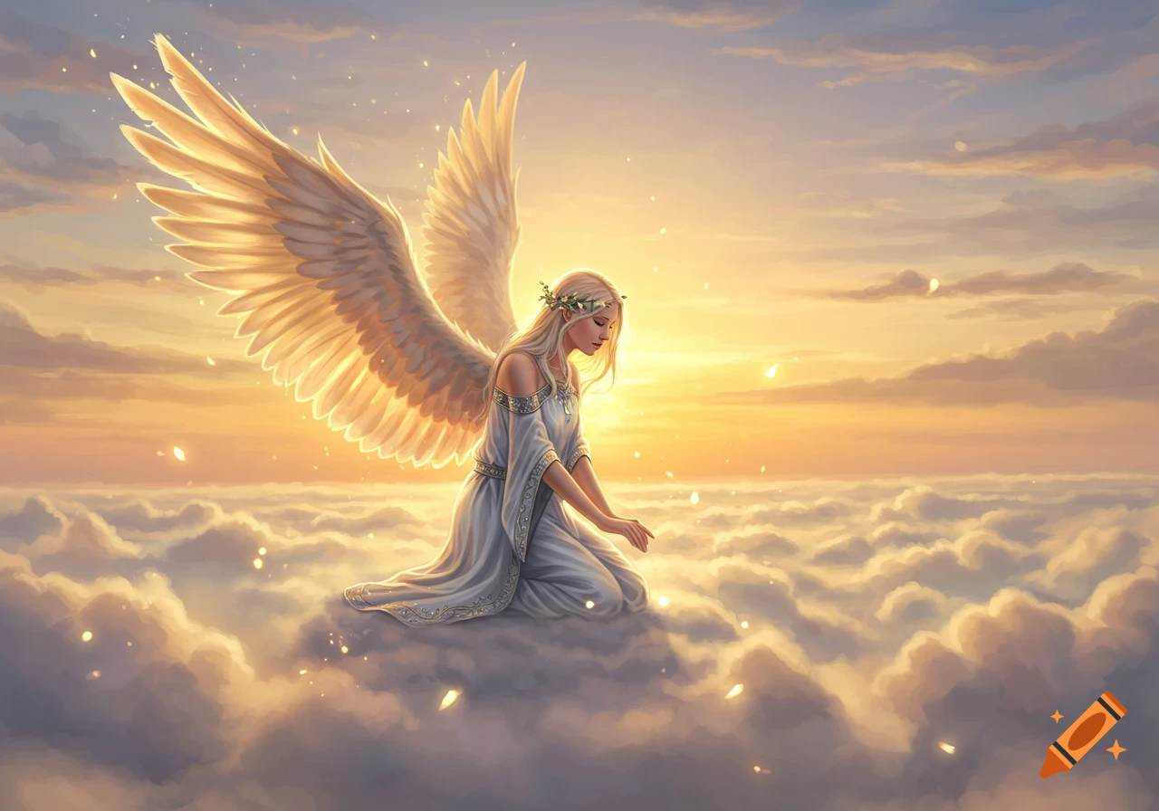 A blonde angel with large, glowing wings kneels peacefully on fluffy clouds, bathed in the light of a golden sunset.