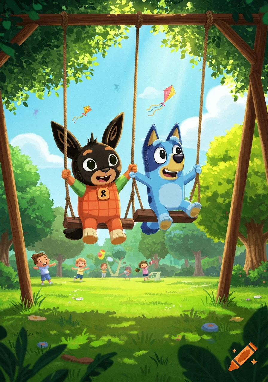 Bing the rabbit and Bluey the dog happily swing in a sunny park while other children play in the background, cartoon style.