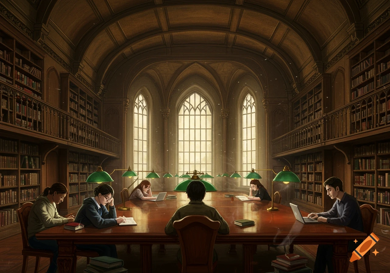 Students sit at a long wooden table in a grand, arched library, reading and using laptops under green lamps.