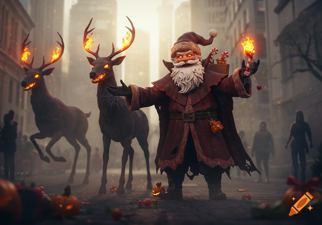 Dark Santa with glowing eyes and fiery-antlered reindeer in a gritty city street, with scattered candy and pumpkins.