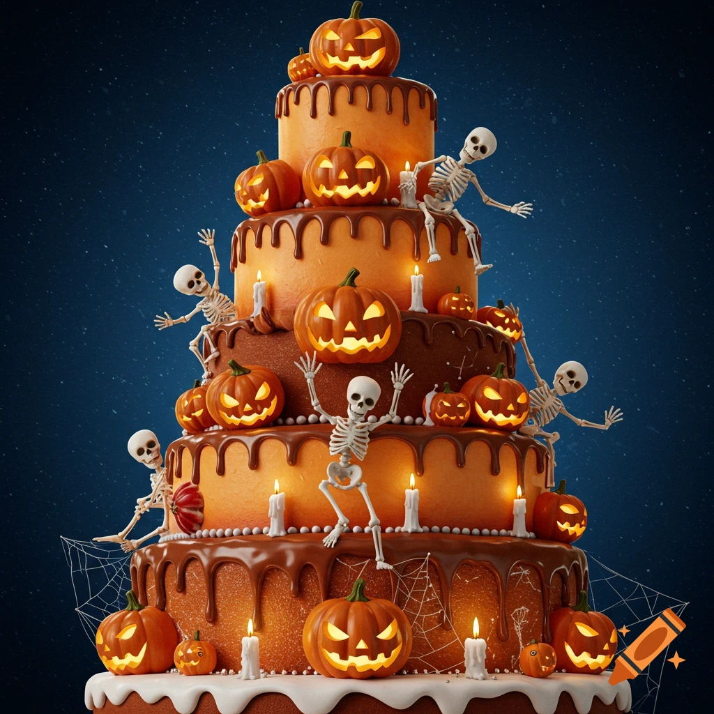 A multi-tiered Halloween cake decorated with glowing jack-o'-lanterns, white candles, and playful skeletons against a dark blue background.