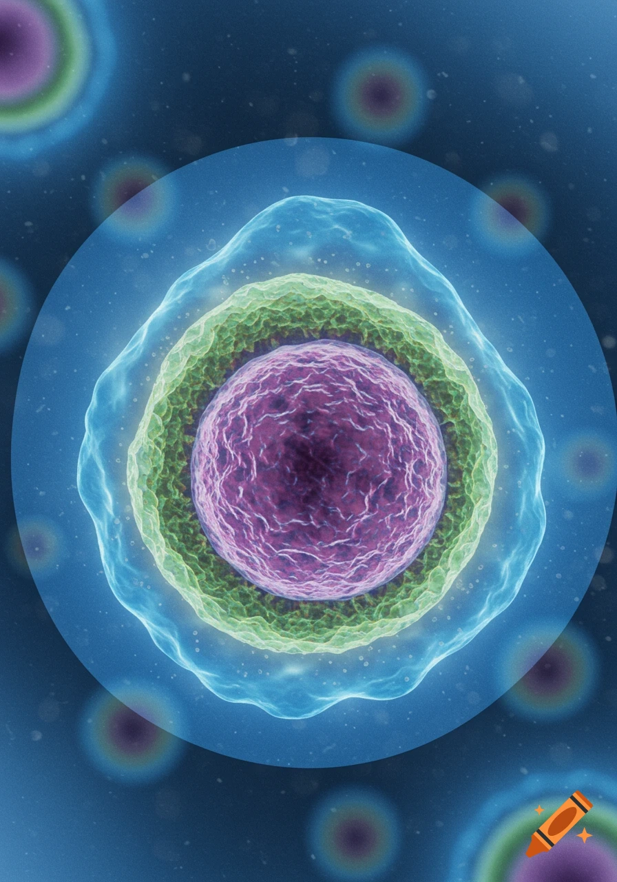 Close-up microscopic view of a cell with a purple nucleus, green inner layer, and blue outer layer.