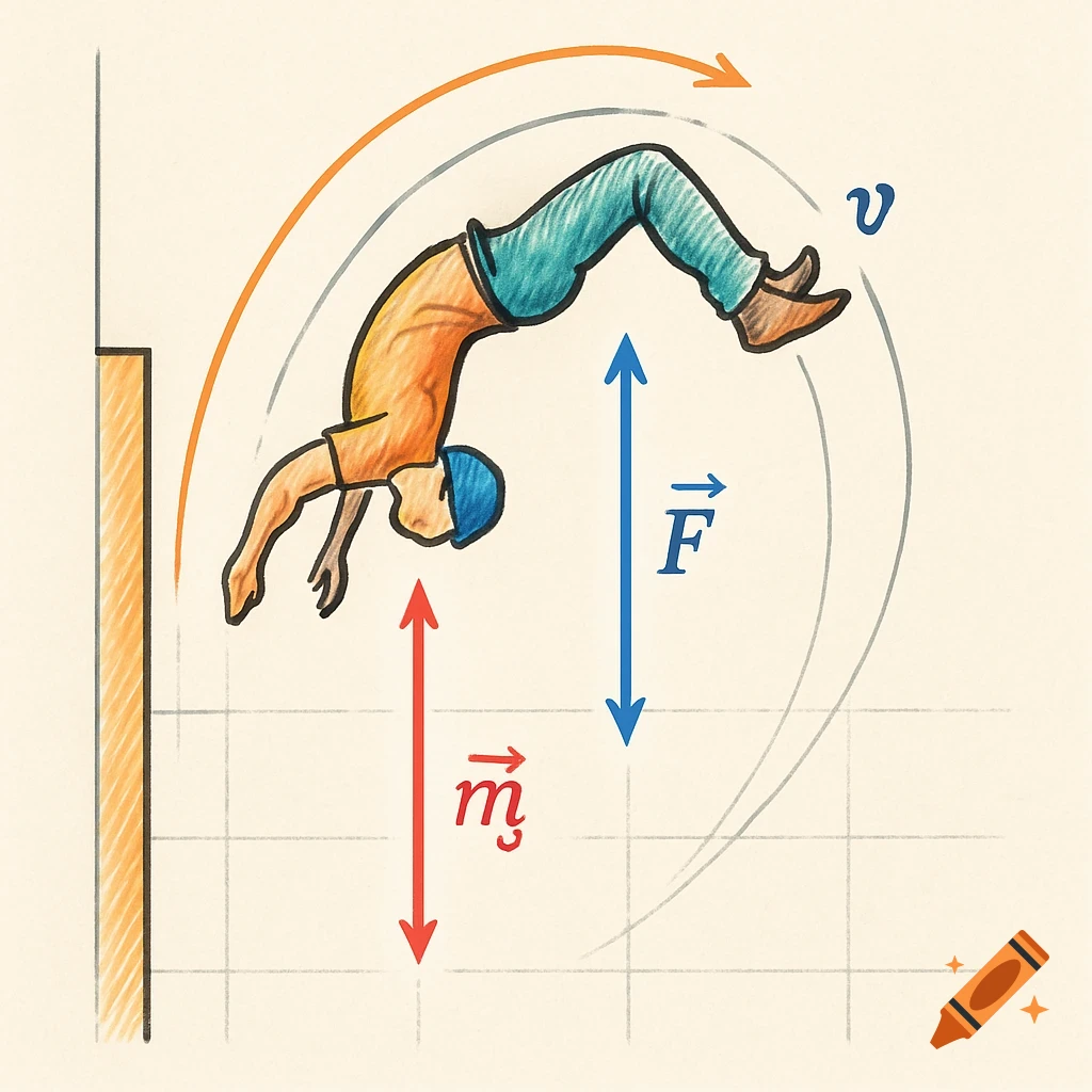 Hand-drawn free body diagram of a person doing a backflip, showing force vectors and velocity.