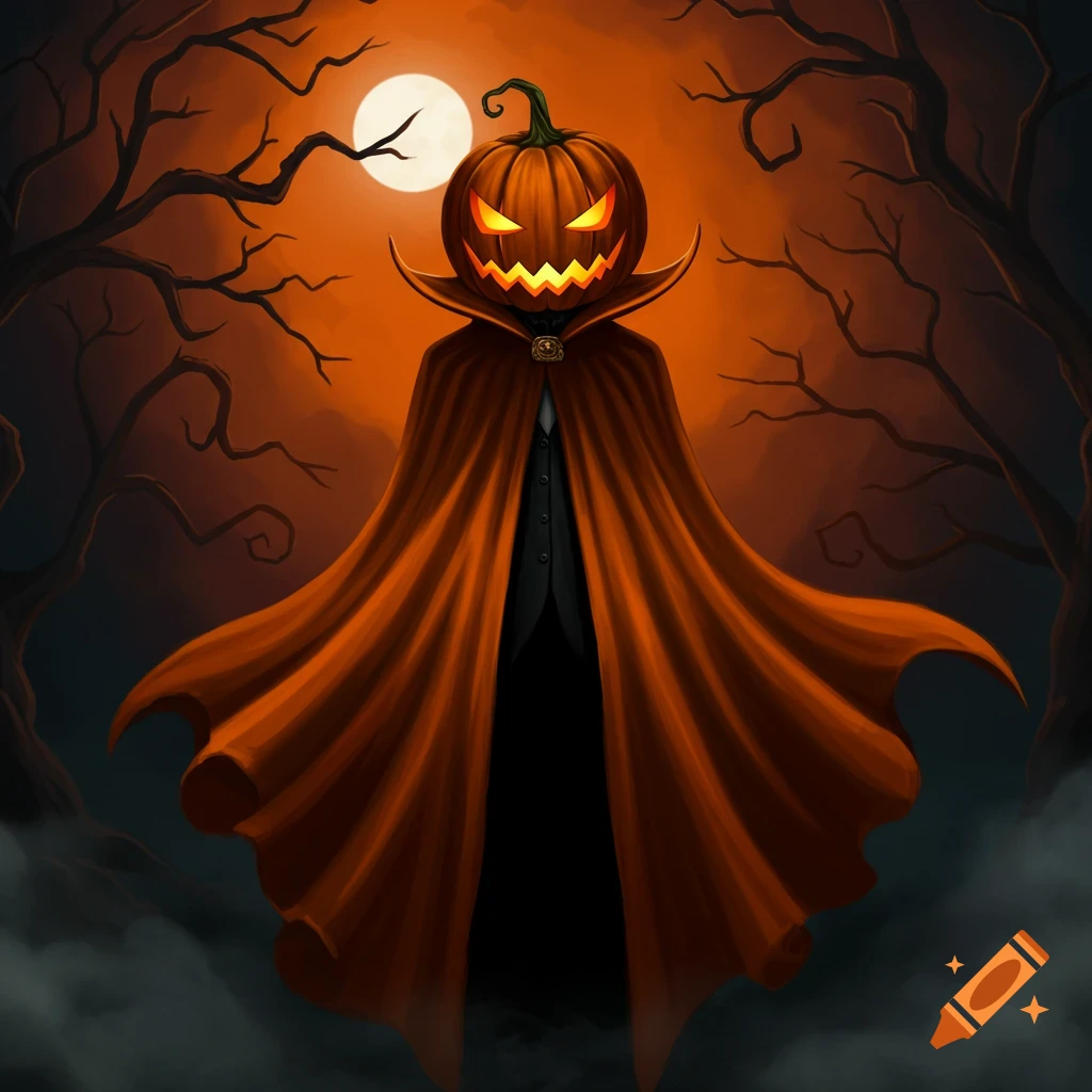 A spooky jack-o'-lantern monster wearing a long orange cape stands in a dark, gnarled forest under a full moon with an orange sky, digital art.
