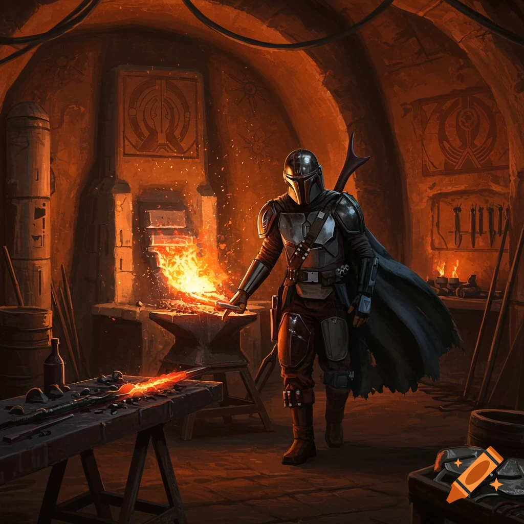 A Mandalorian character forges a glowing piece of metal in a dark, fiery workshop, surrounded by sparks and tools.