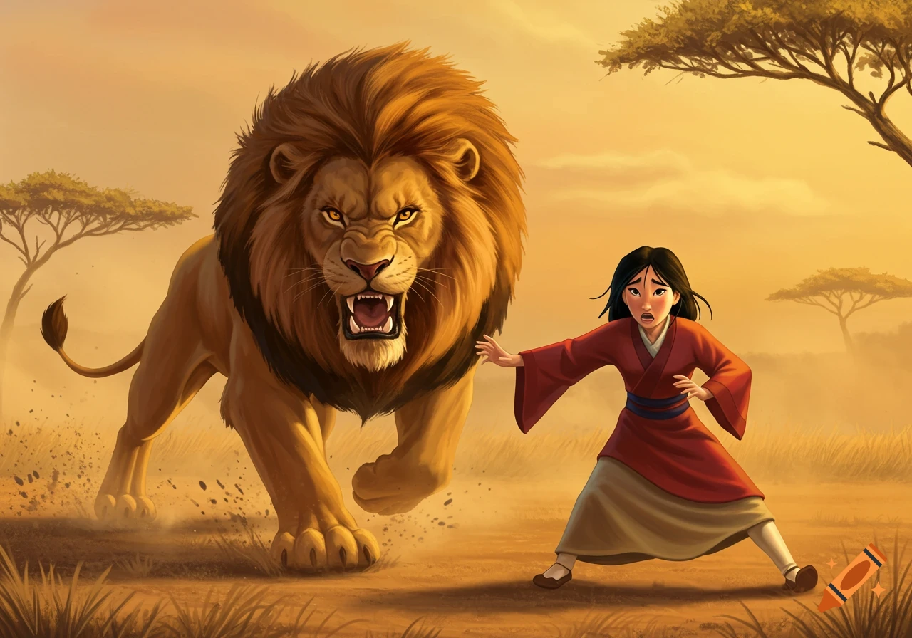 Animated Mulan looks scared as an angry, roaring lion charges at her in a dry savanna.