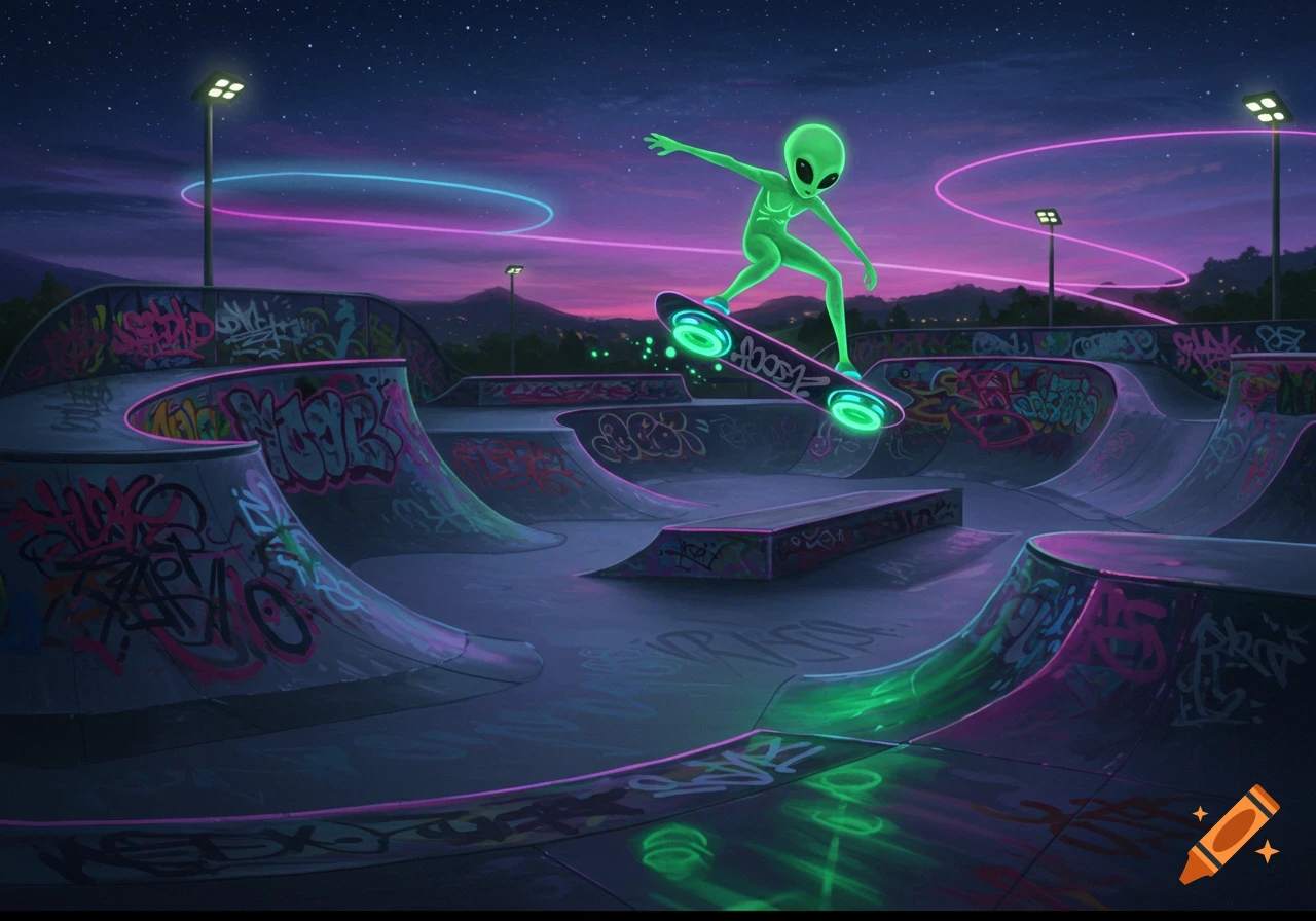 A green alien on a skateboard jumps in a neon-lit skatepark at night, with glowing wheels and pink and blue light rings in the background.