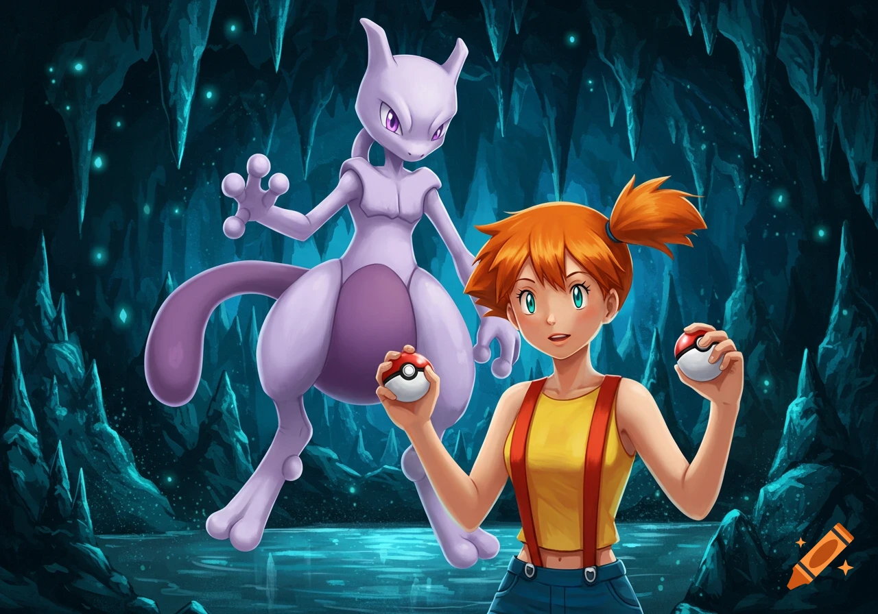 Misty, an orange-haired trainer, holds two Pokeballs in a glowing cave with Mewtwo standing behind her.