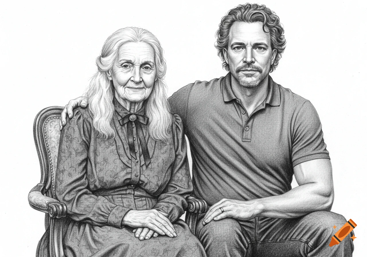 Detailed pencil drawing of an older woman seated in a chair next to a man with his arm resting on the chair back.