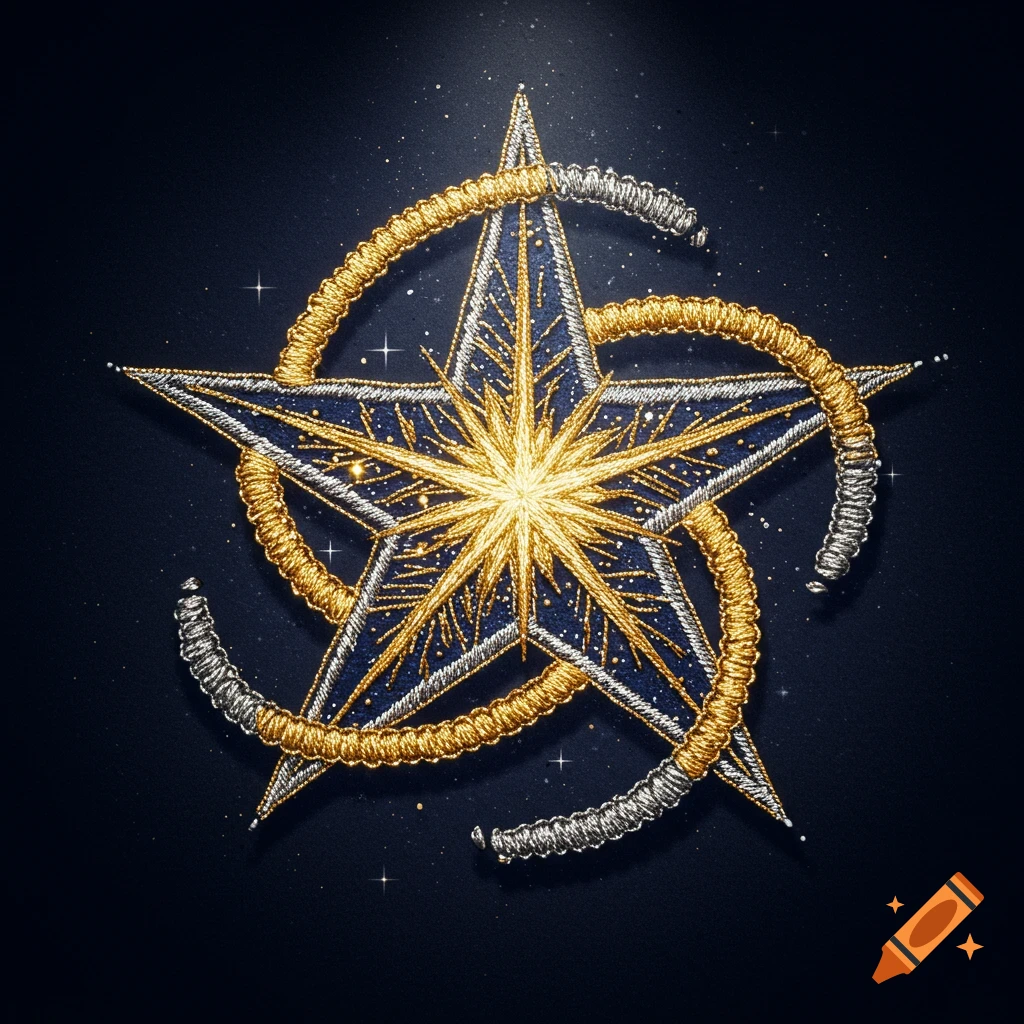 An intricately embroidered blue star with a golden glowing center, intertwined with golden and silver helix shapes, against a dark starry background.