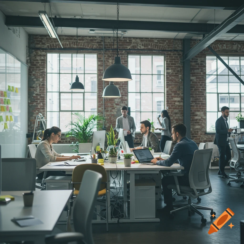 People working at desks in a modern office with exposed brick walls and large windows.