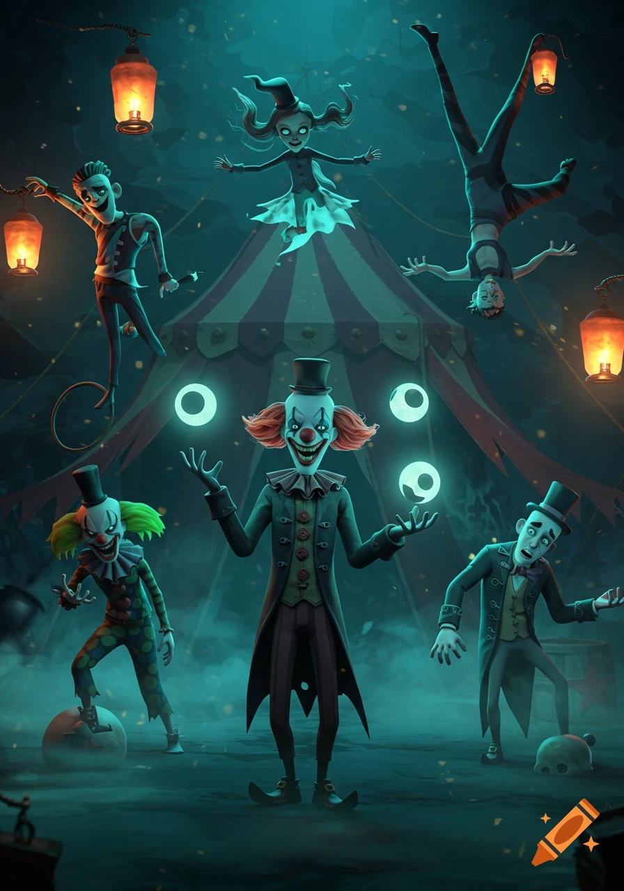 Stylized 3D cartoon of creepy circus characters, including clowns,  performing around a dark tent with glowing lanterns. on Craiyon, image size:896x1280