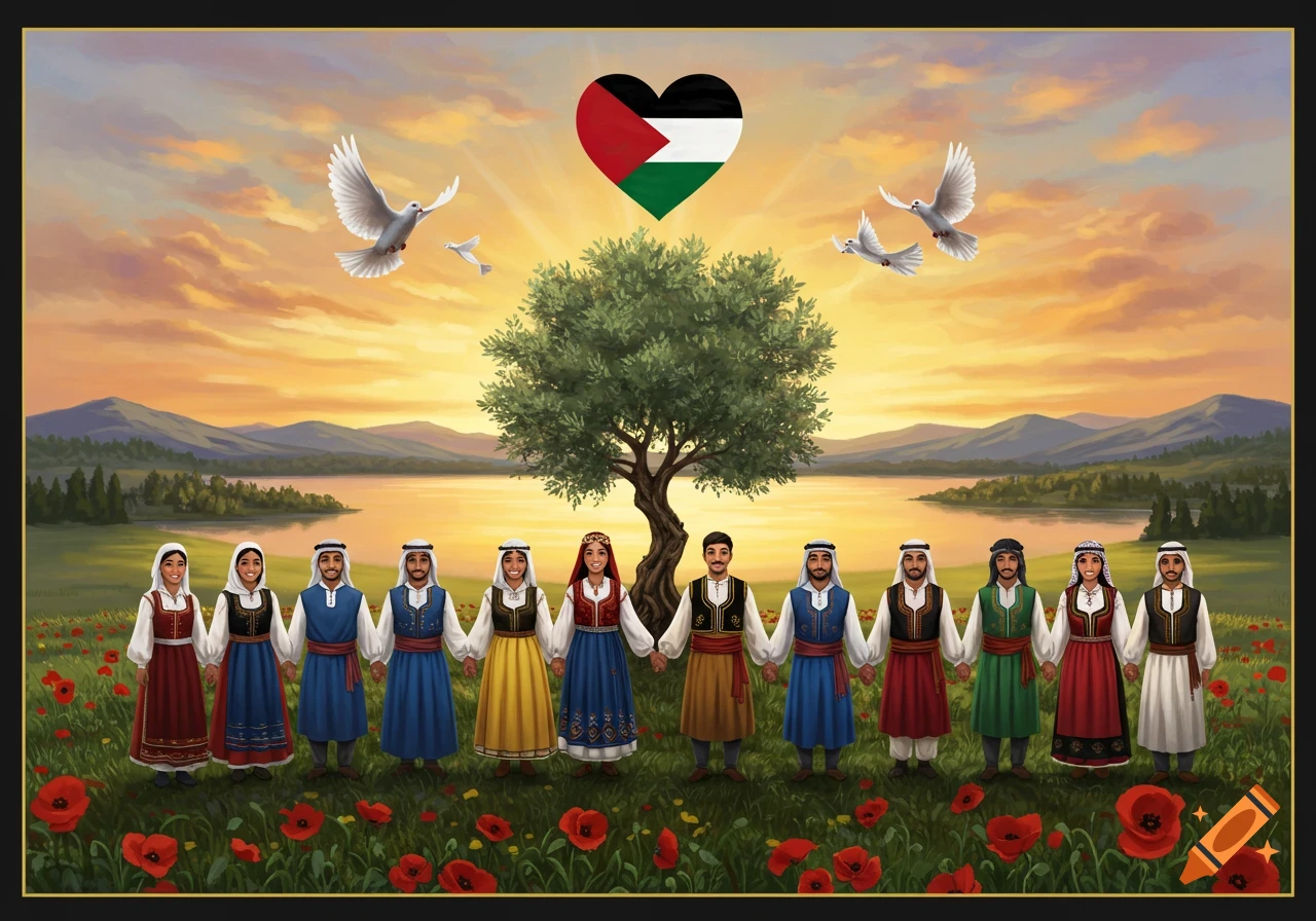 An illustration of people in traditional Palestinian attire holding hands in a poppy field, with an olive tree, doves, and a heart-shaped Palestinian flag at sunrise.