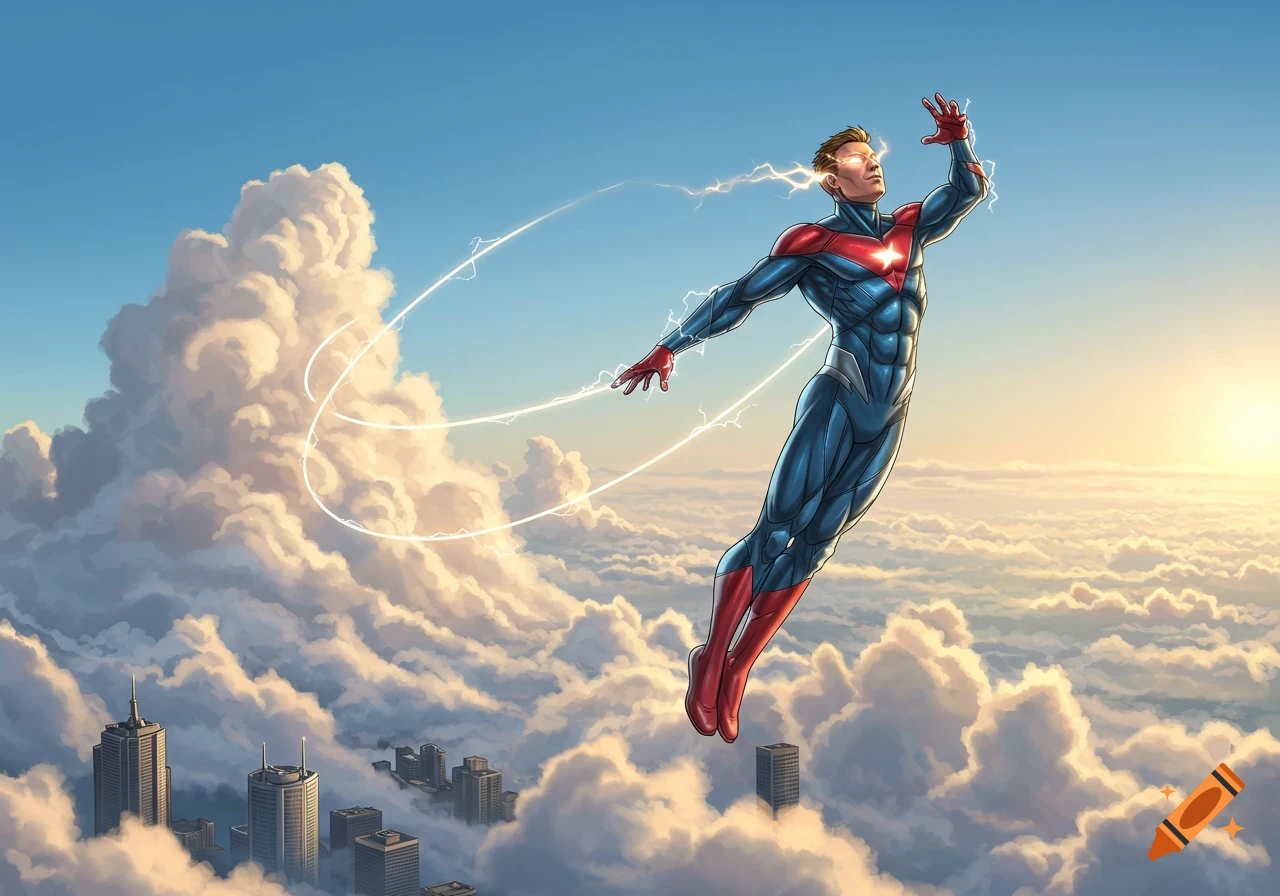 A muscular superhero in blue and red flies above clouds and a city, eyes glowing with lightning, in a comic art style.